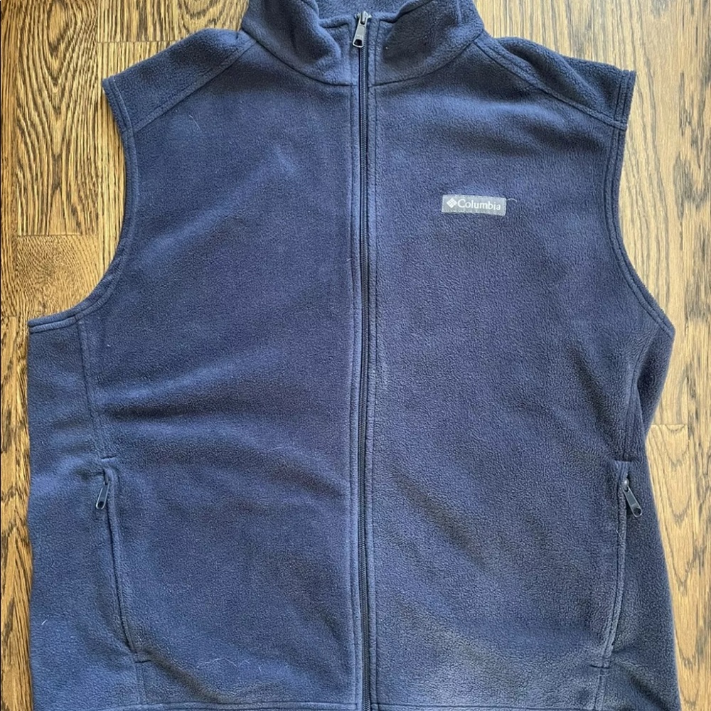 Columbia Fleece Golf Vest Mens Full Zip Blue XL Zippered Pockets EUC